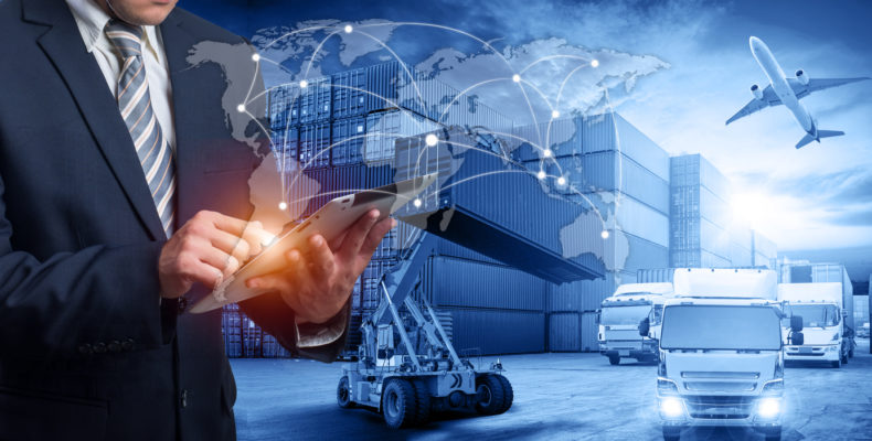 Hand holding tablet is pressing button on touch screen interface in front Logistics Industrial Container Cargo freight ship for Concept of fast or instant shipping, Online goods orders worldwide